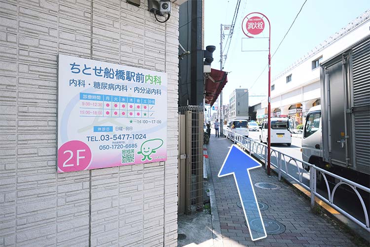 道順3城山通りを本院（ちとせ船橋駅前内科様）の先へ道なりにお進みください